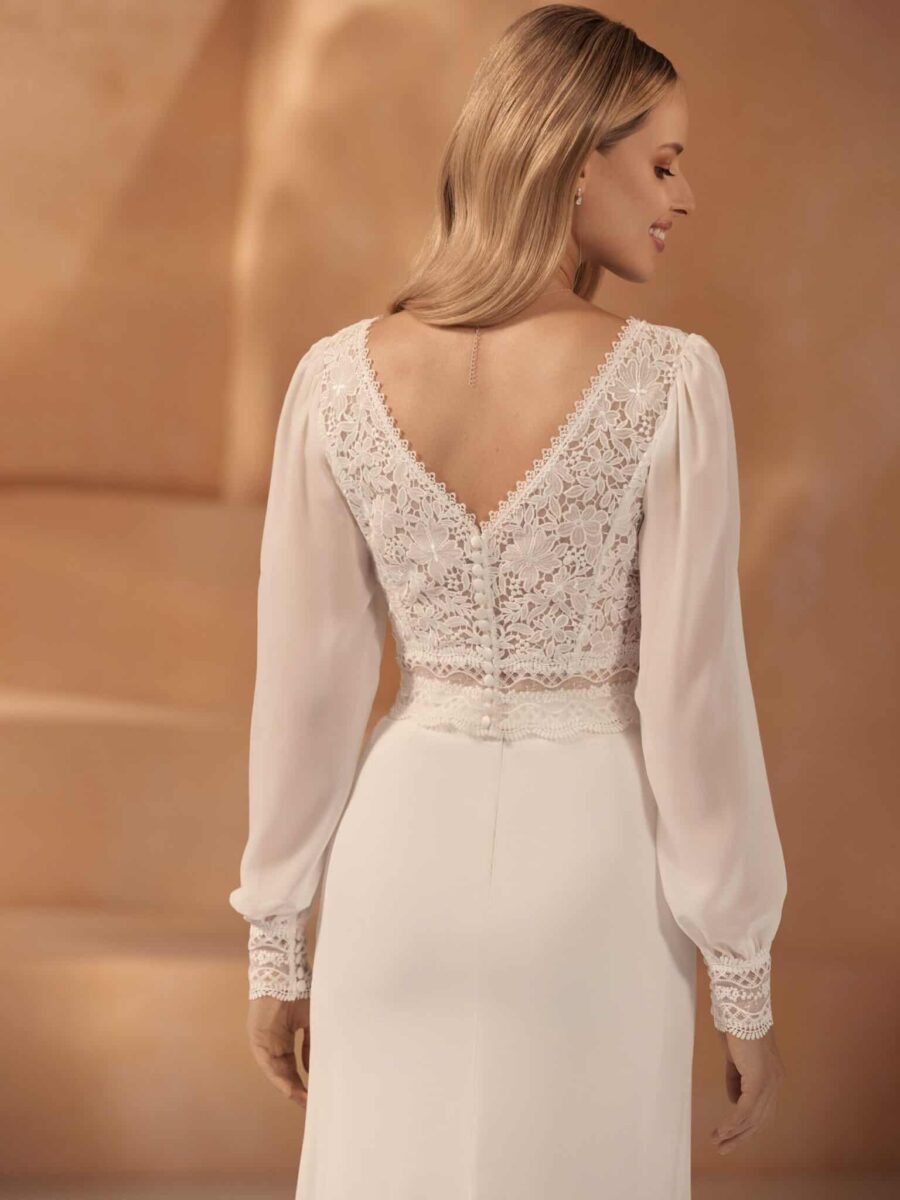 AryA Sposa | Bianco Evento bolero top sposa in pizzo e chiffon a maniche lunghe E425 - schiena