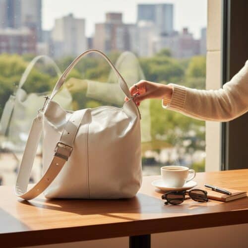 AryA | Carlo Cecchini borsa donna in pelle bianca nude - EMPIRE P con tracolla su tavolo