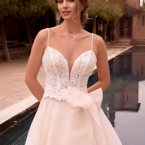 AryA Sposa | Bianco Evento top sposa in pizzo e tulle senza maniche - E499 - indossato su sfondo con alberi - vista frontale