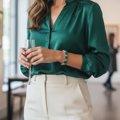 AryA Gioielli | Bracciale donna in argento 925 con radice di smeraldo - indossato d modella con camicia verde e pantaloni chiari