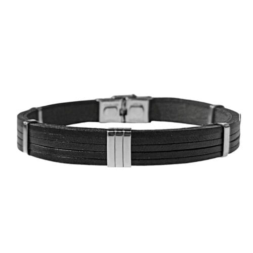 AryA Gioielli | bracciale-uomo-in-cuoio-nero-e-acciaio 625MD - vista frontale su sfondo bianco
