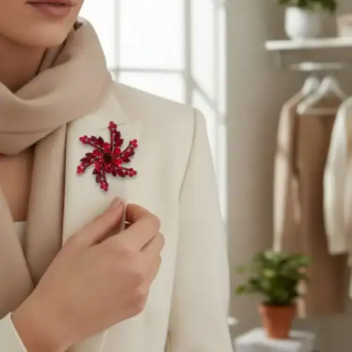 AryA Gioielli | Spilla donna girandola rossa con strass Swarovski - 0607BC - indossata su giacca chiara