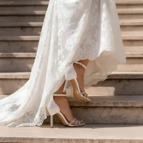AryA Sposa | Avalia YOKO sandali sposa in raso con cinturino e bande in strass - indossate da sposa - vista laterale mentre sale i gradini