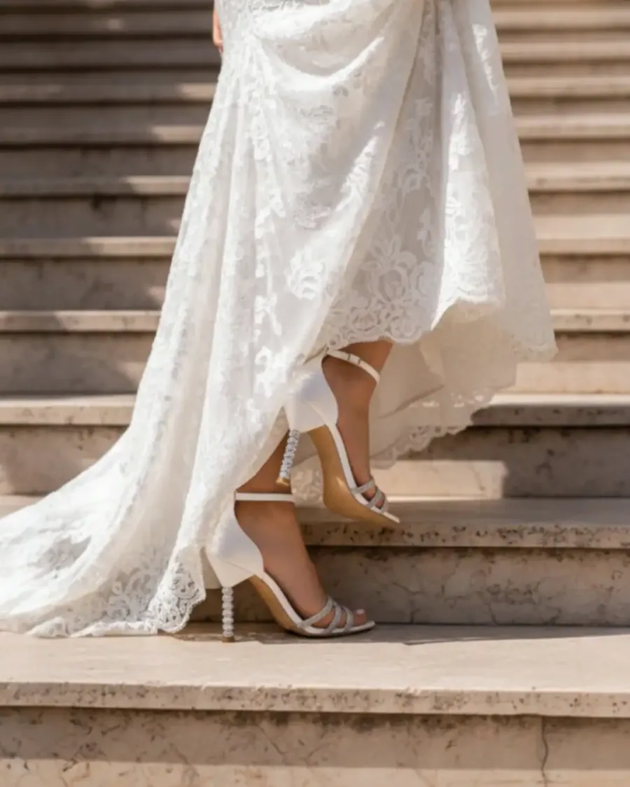 AryA Sposa | Avalia YOKO sandali sposa in raso con cinturino e bande in strass - indossate da sposa - vista laterale mentre sale i gradini